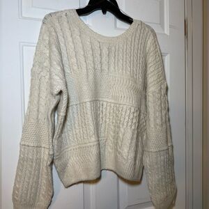 NYC Knits Nordstrom Oatmeal Ivory Cable Knit Crop Sweater Back V Neck Bow XL NWT